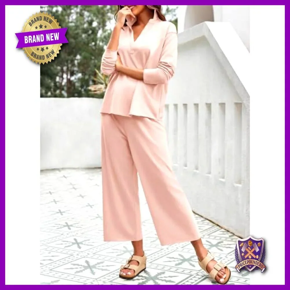 Women's Cotton Blend Tracksuit Set Long Sleeve V-Neck Top Wide Leg Pants